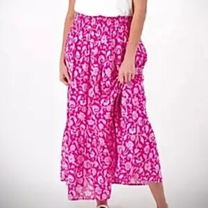 New Women’s Maxi Skirt Bohemian Flowy Tiered Elastic Waist Pink & White X-Small